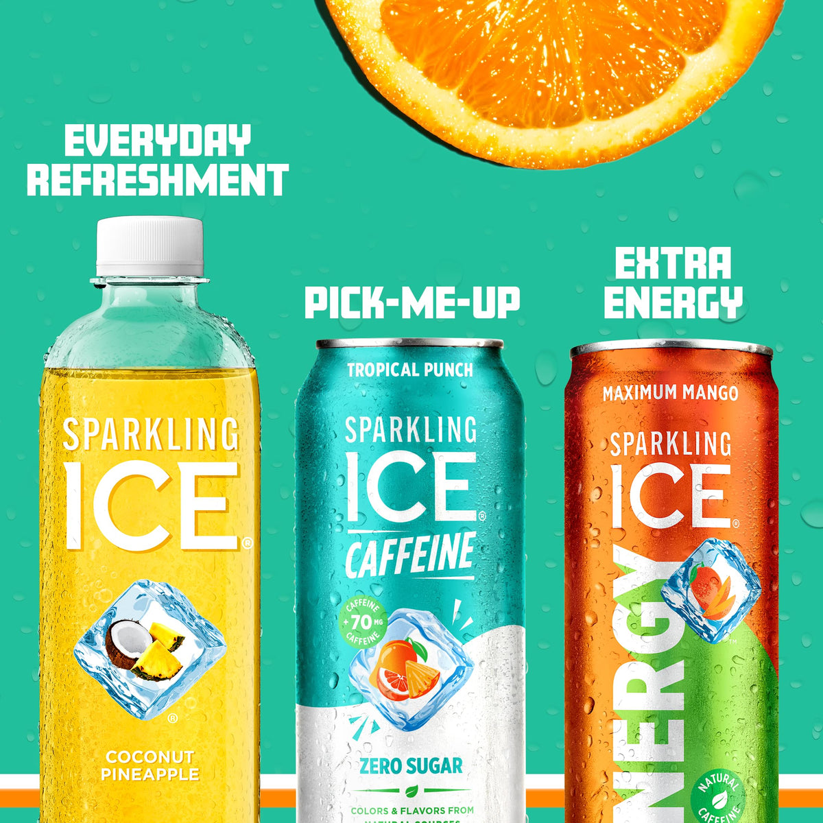 Sparkling Ice Caffeine Tropical Punch 12-pack display for convenient everyday refreshment