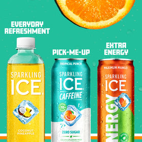Sparkling Ice Caffeine Tropical Punch 12-pack display for convenient everyday refreshment