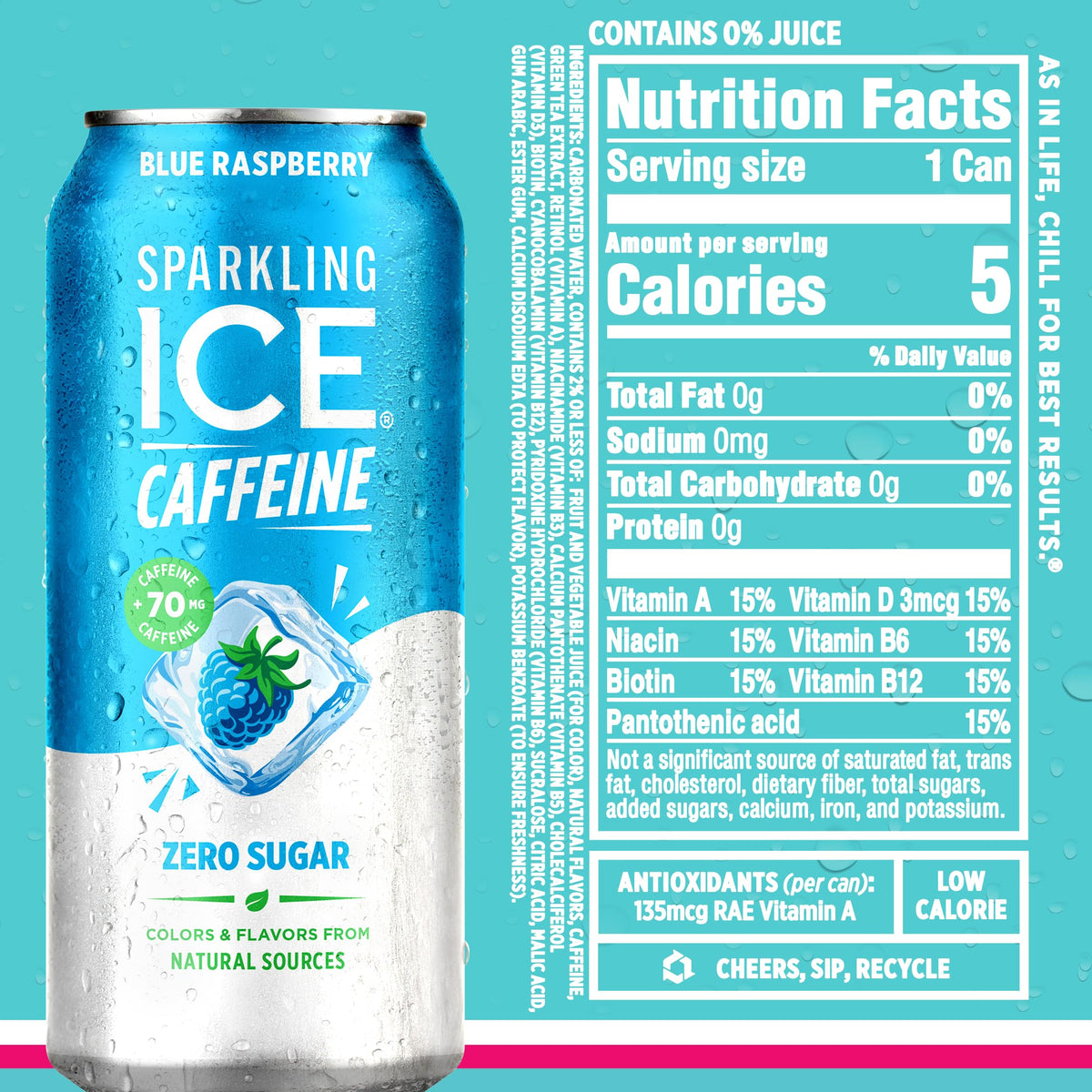 Sparkling Ice caffeine variety pack antioxidants info section highlights natural source antioxidants and vitamins.