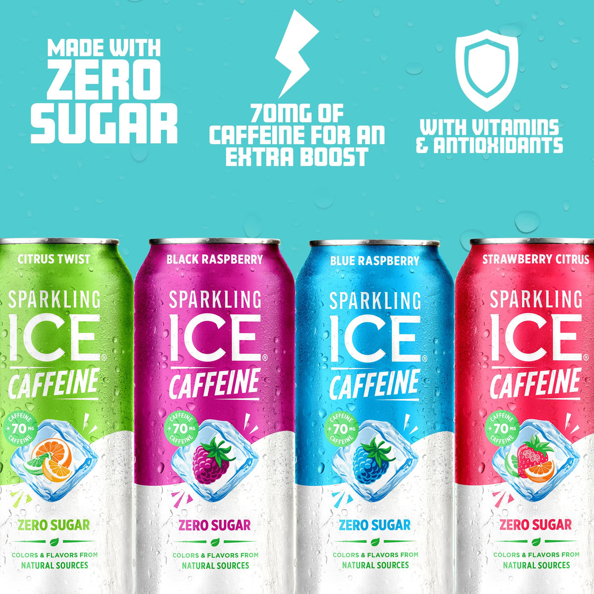 Sparkling Ice caffeine variety pack Black Raspberry can highlights antioxidants and zero sugar.