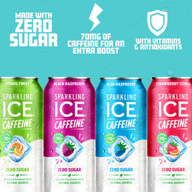 Sparkling Ice caffeine variety pack Black Raspberry can highlights antioxidants and zero sugar.