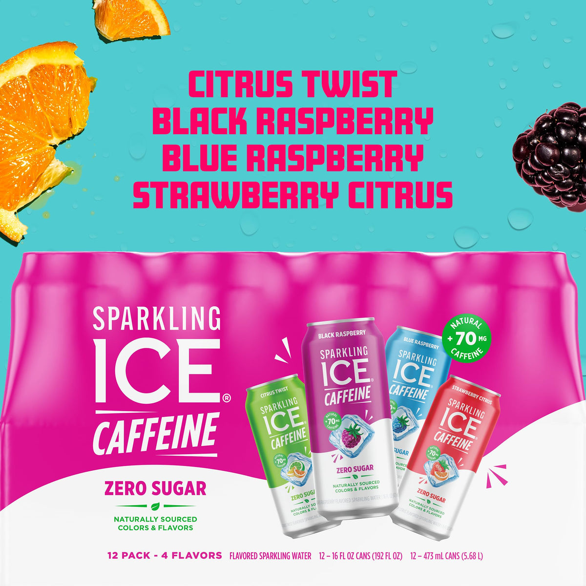 Sparkling Ice caffeine variety pack Citrus Twist can highlights zesty flavor and caffeine boost.