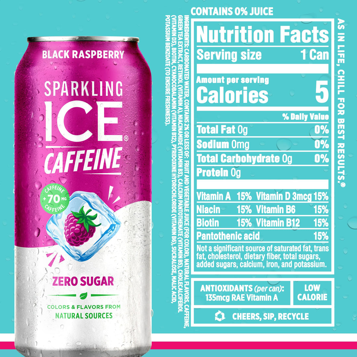 Sparkling Ice caffeine variety pack flavor burst label emphasizes zero sugar and low calories.