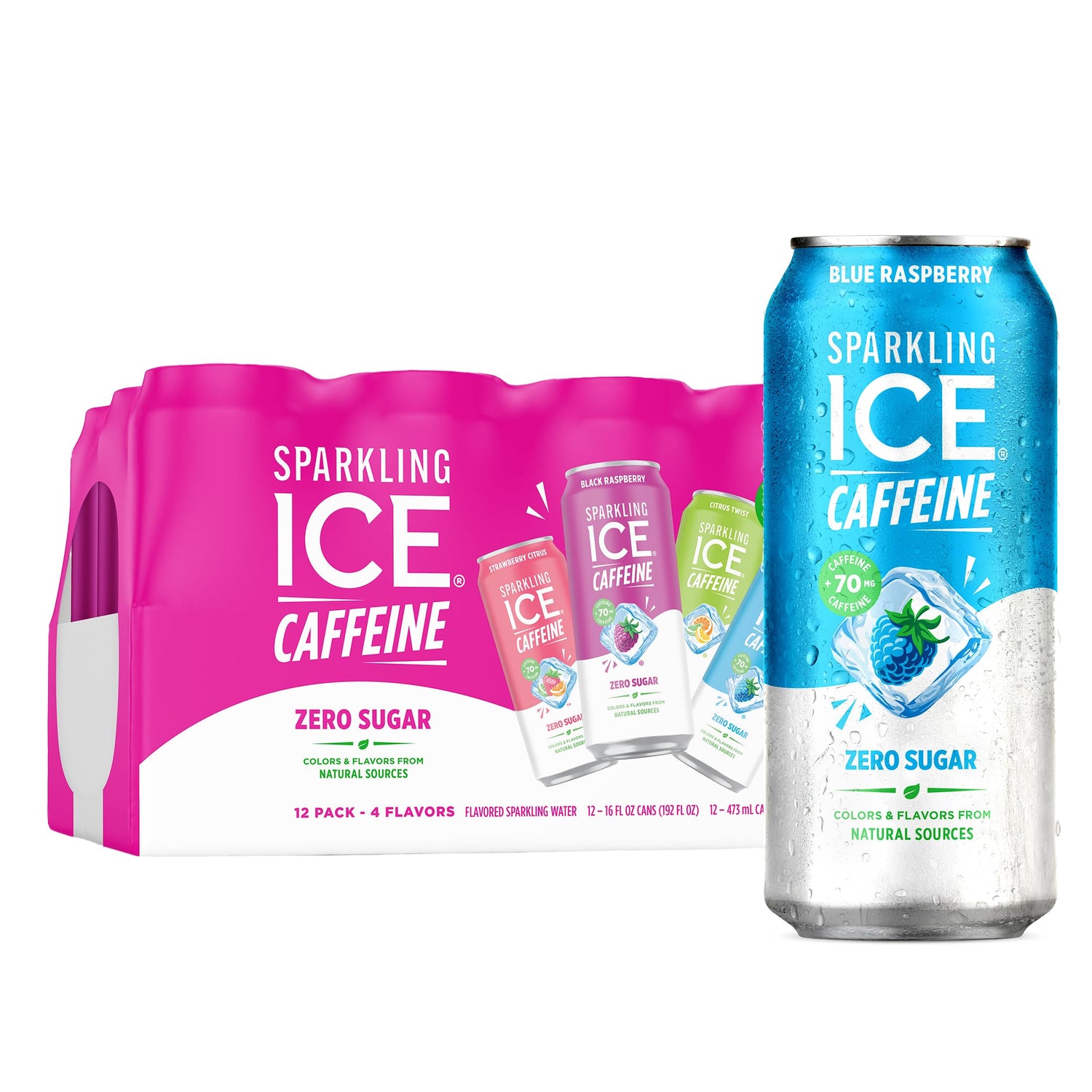 Sparkling Ice caffeine variety pack front view showing four flavors for versatile refreshment.