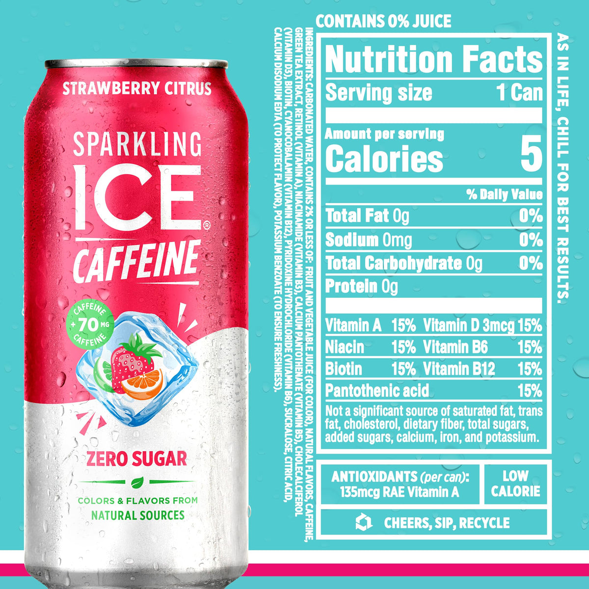 Sparkling Ice caffeine variety pack recyclable bottle icon signals eco-friendly packaging.