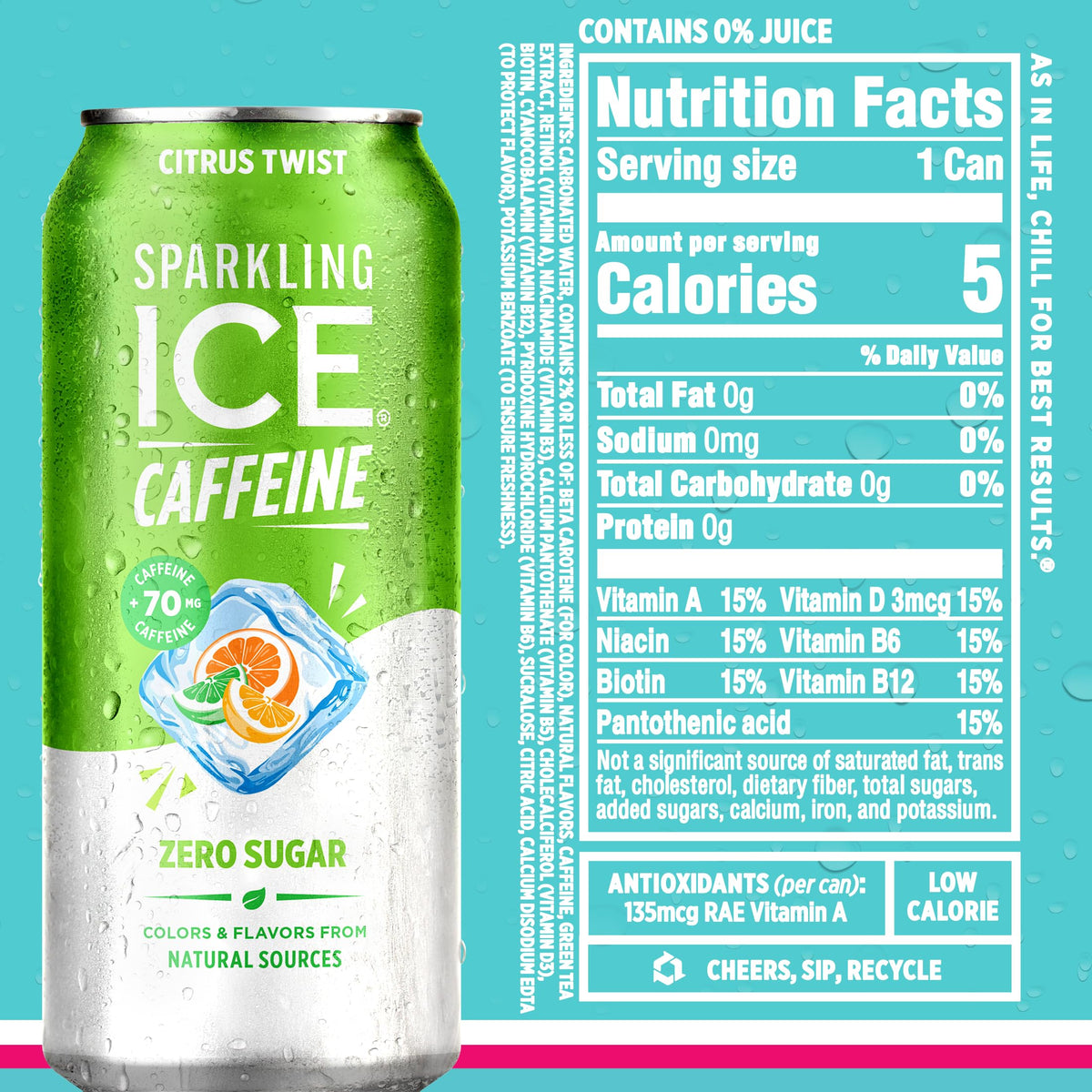 Sparkling Ice caffeine variety pack zero sugar badge communicates guilt-free hydration.