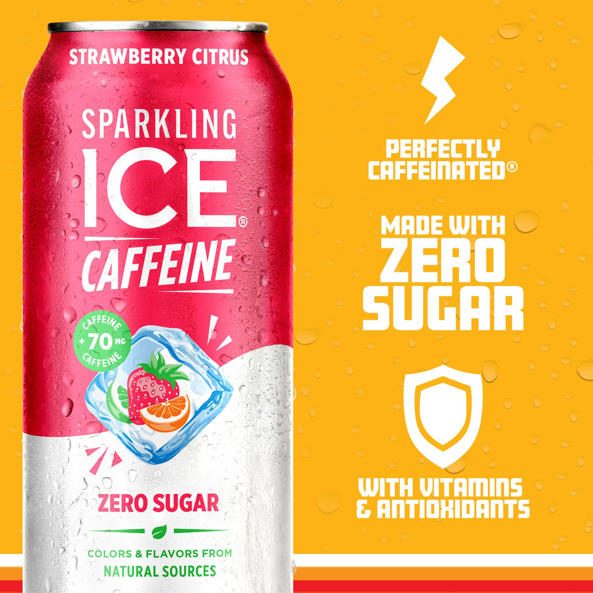 Sparkling Ice Caffeine Strawberry Citrus label highlighting vitamins and antioxidants