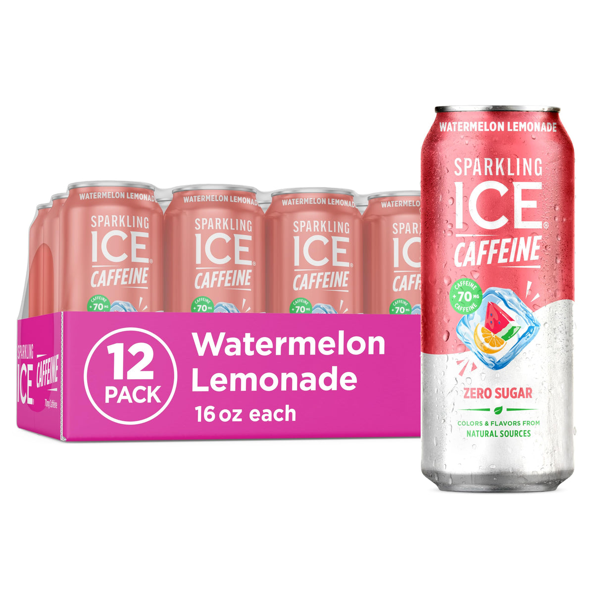 Sparkling Ice caffeine watermelon lemonade can front view, zero sugar and low calories.