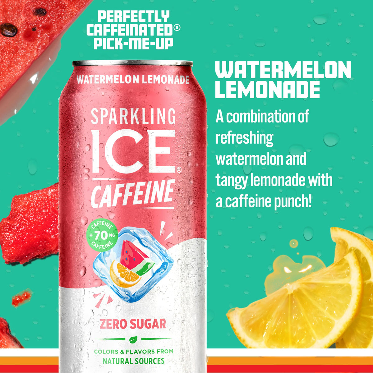 Sparkling Ice caffeine watermelon lemonade can side view highlighting refreshing flavor and caffeine.