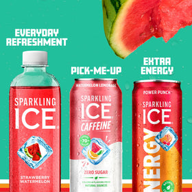 Sparkling Ice caffeine watermelon lemonade pack signifying 12-pack convenience.