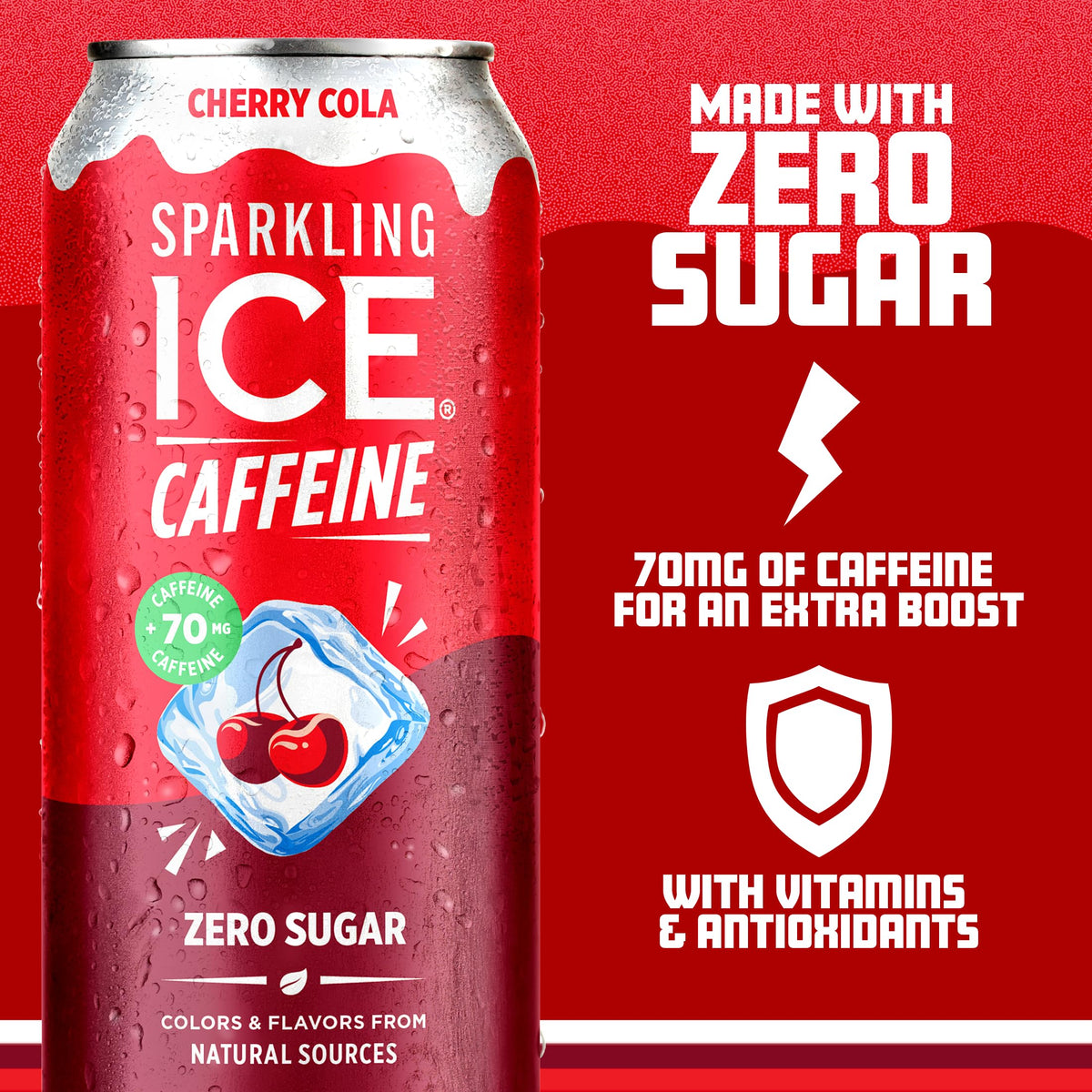 Sparkling Ice Cherry Cola fizz in a glass suggests refreshing afternoon flavor.