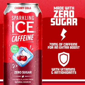 Sparkling Ice Cherry Cola fizz in a glass suggests refreshing afternoon flavor.