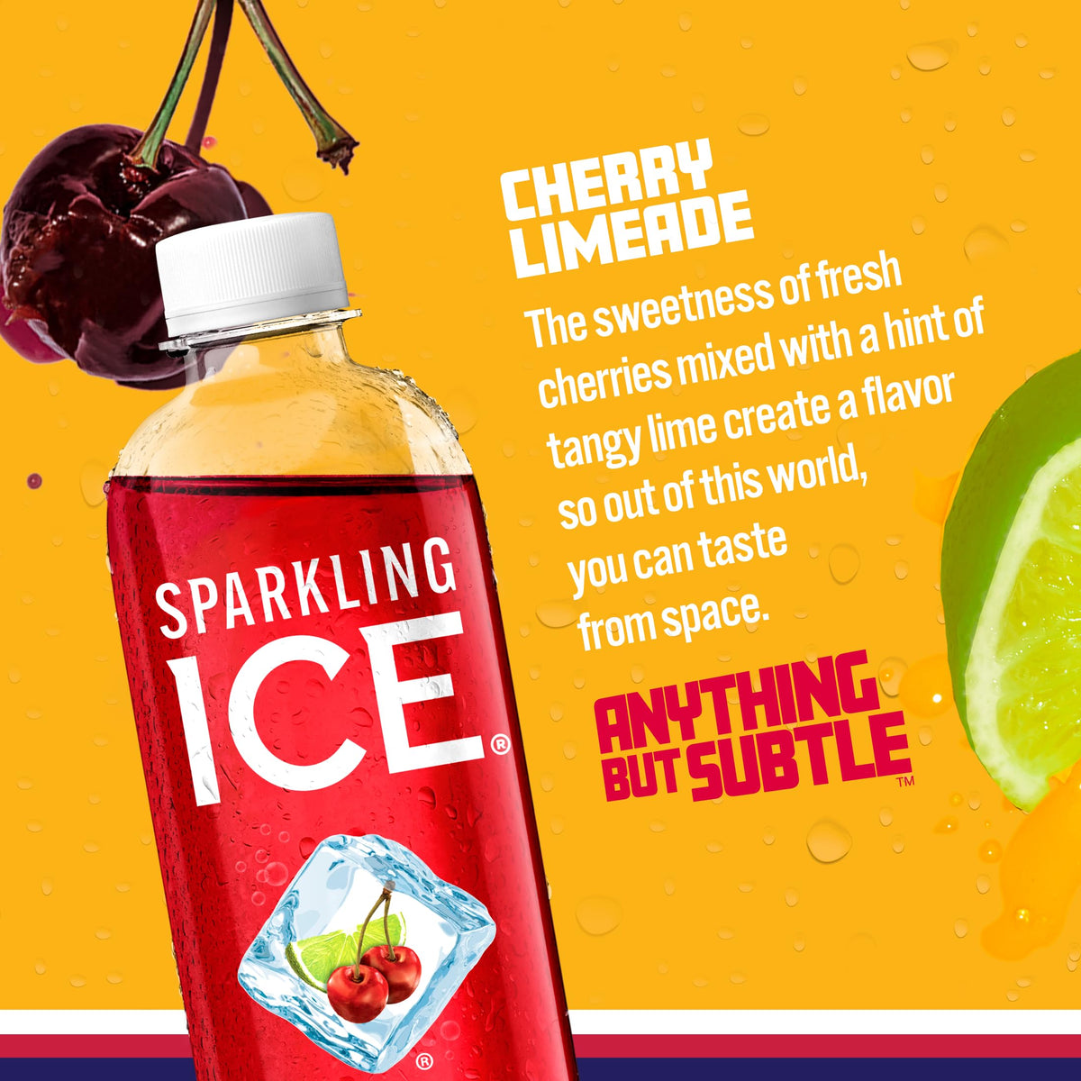 Sparkling Ice Cherry Limeade bottle side view highlights ingredients and vitamins.