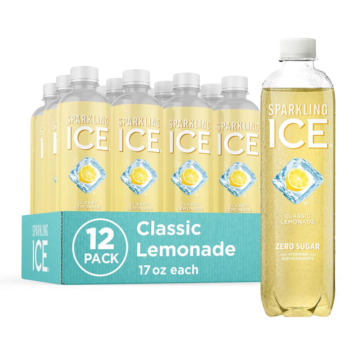 Sparkling Ice Classic Lemonade bottle front shows zero sugar and low calories.