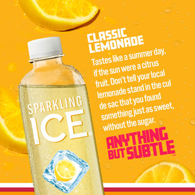 Sparkling Ice Classic Lemonade bottle side highlights vitamins and a crisp lemon aroma.