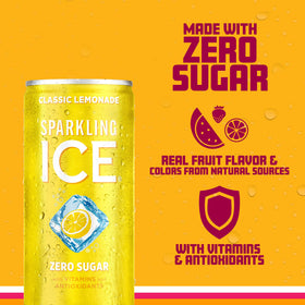 Close-up of Sparkling Ice Classic Lemonade label with natural colors.