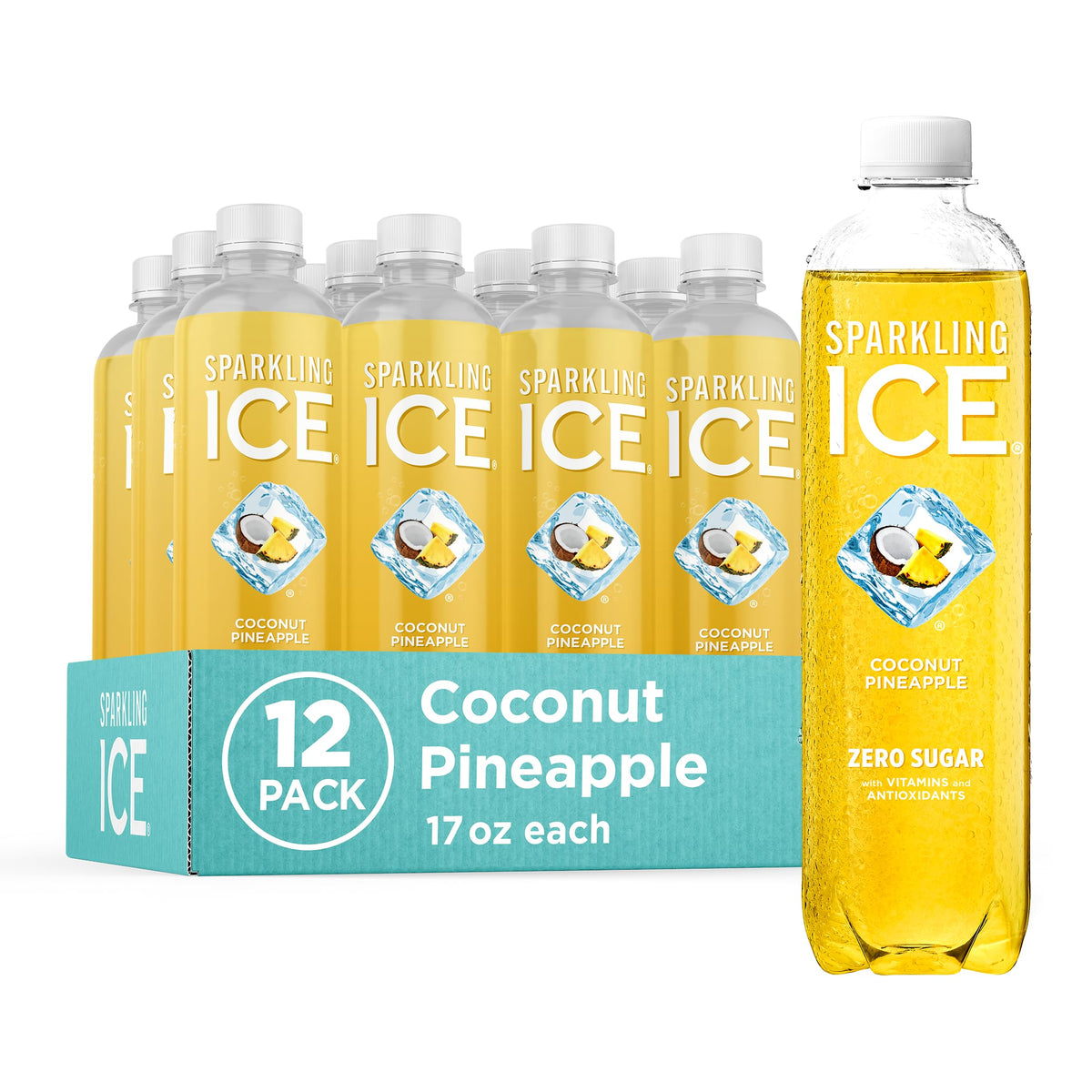 Sparkling Ice Coconut Pineapple bottle shows tropical flavor with zero sugar and five calories