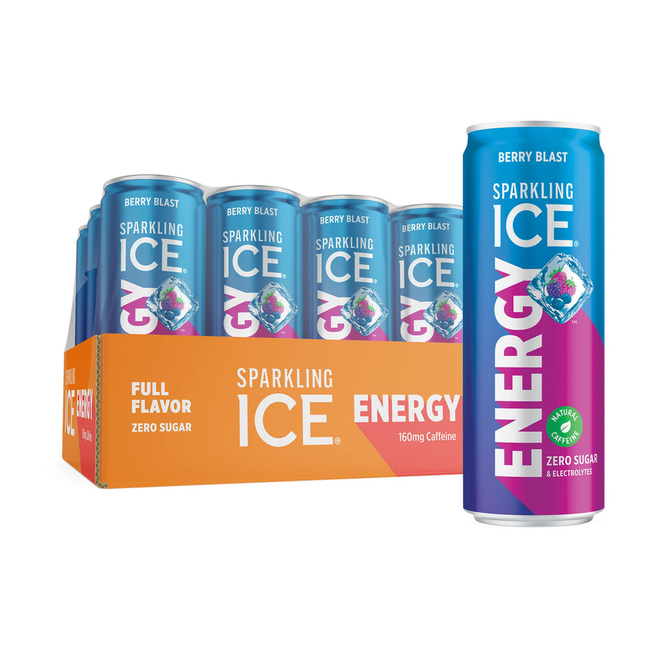 Sparkling Ice Energy Berry Blast can front view showing caffeine boost