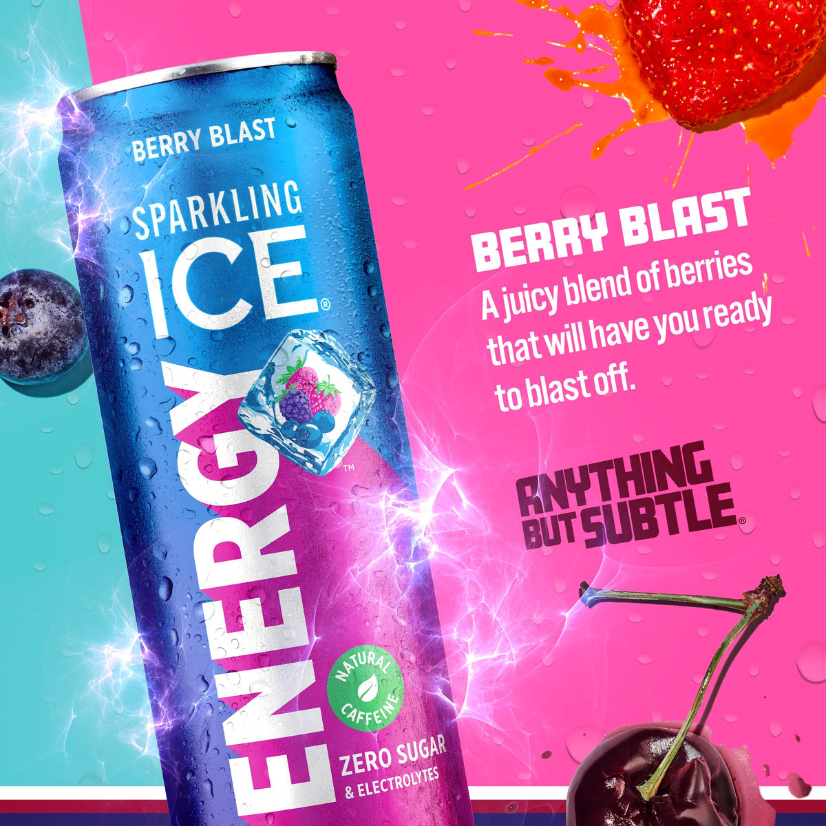 Sparkling Ice Energy Berry Blast can side label highlights zero sugar and vitamins