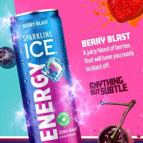 Sparkling Ice Energy Berry Blast can side label highlights zero sugar and vitamins