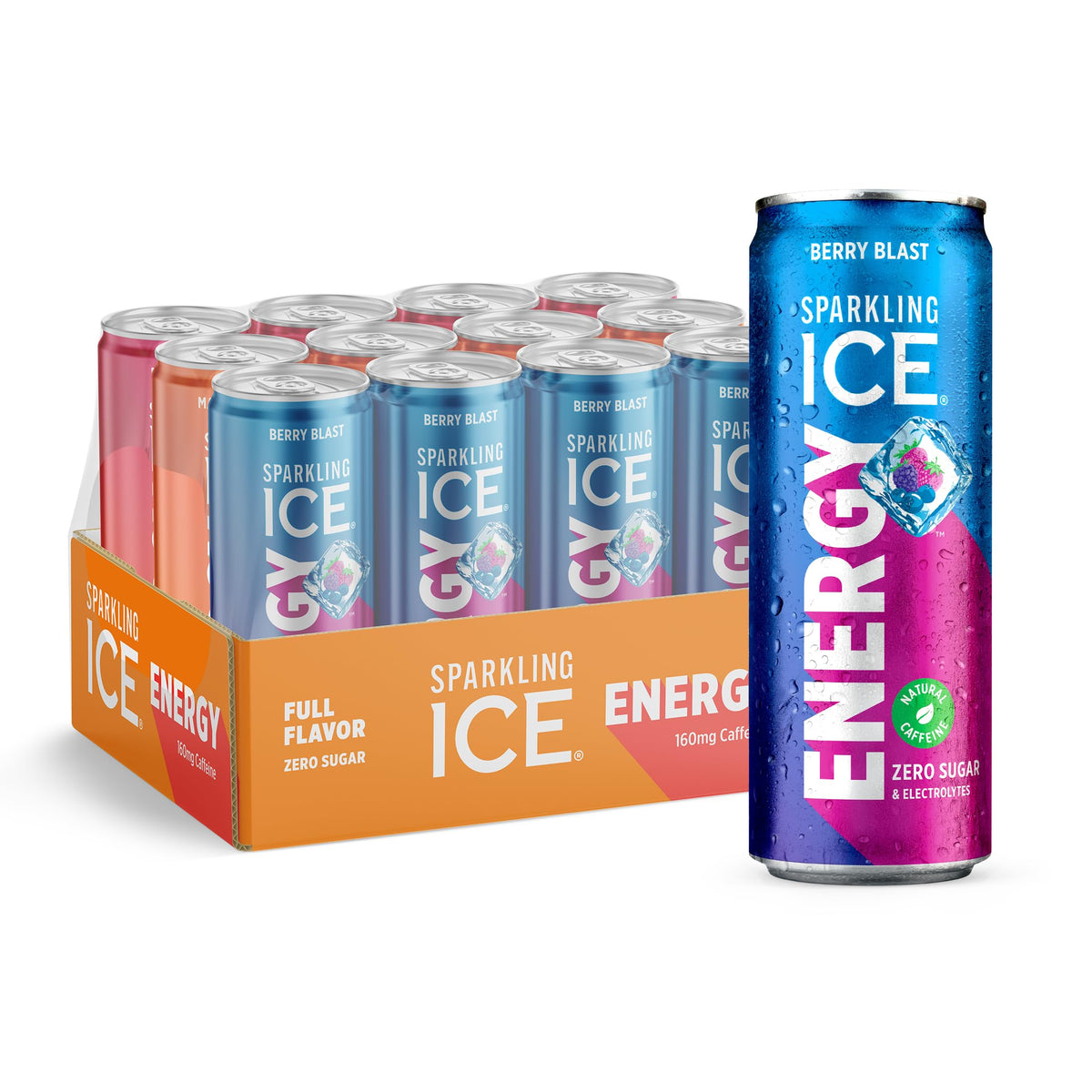 Sparkling Ice Energy Berry Blast can and pack front view highlighting zero sugar and flavor