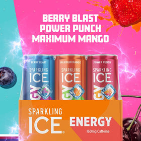 Sparkling Ice Energy Berry Blast close-up highlights vegan and gluten-free attributes