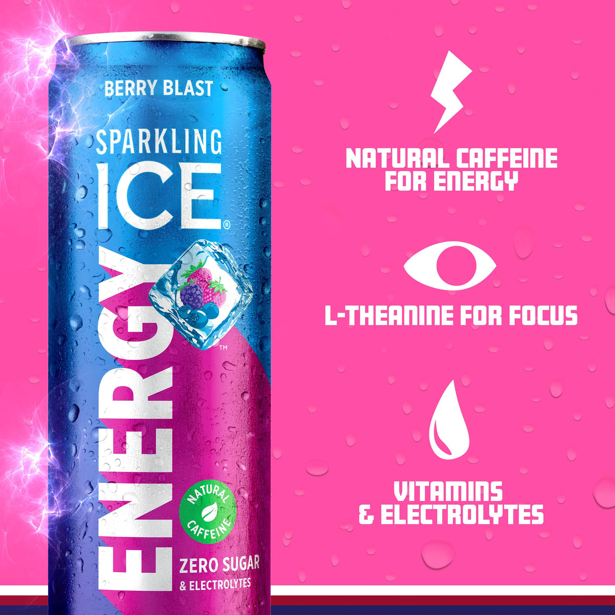 Sparkling Ice Energy Berry Blast ingredients graphic emphasizes antioxidants and electrolytes