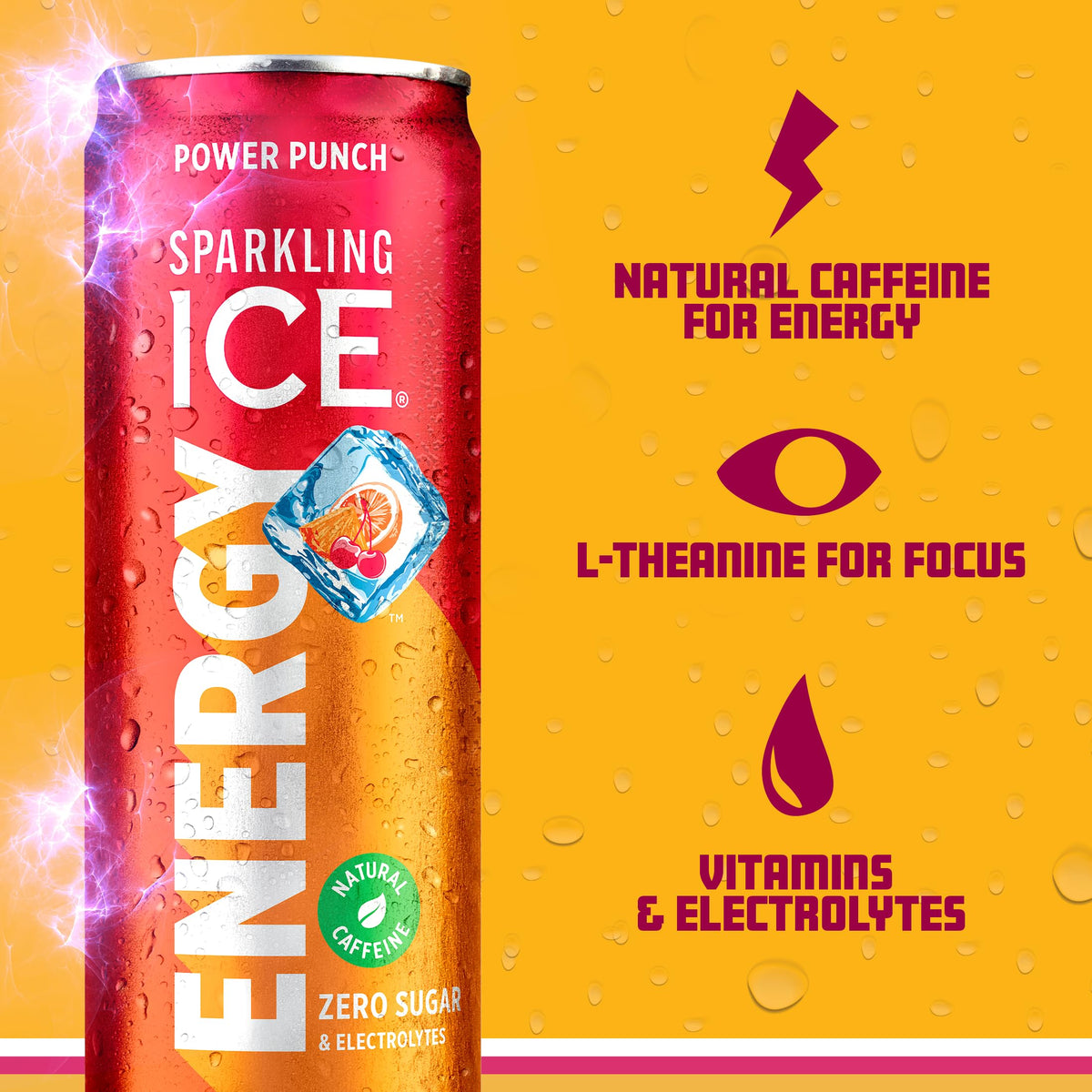Sparkling Ice Energy Power Punch pouring into glass highlights vibrant flavor with zero sugar.