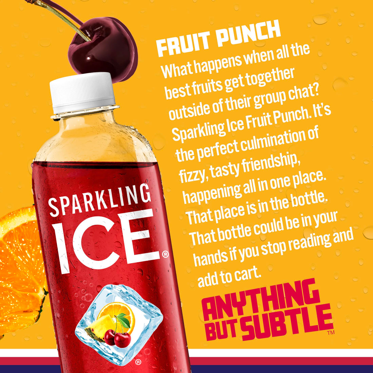 Sparkling Ice Fruit Punch bottle angle highlighting low calories.