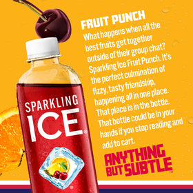 Sparkling Ice Fruit Punch bottle angle highlighting low calories.