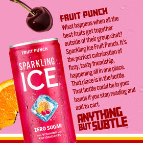 Sparkling Ice Fruit Punch being poured into a glass reveals bright color and bold flavor.