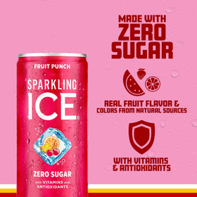 Sparkling Ice Fruit Punch vitamin and antioxidant label highlights B6, B12, and E for daily support.