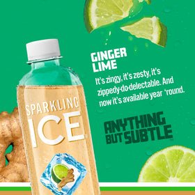 Sparkling Ice Ginger Lime bottle front label with natural color indicators and real fruit flavor.