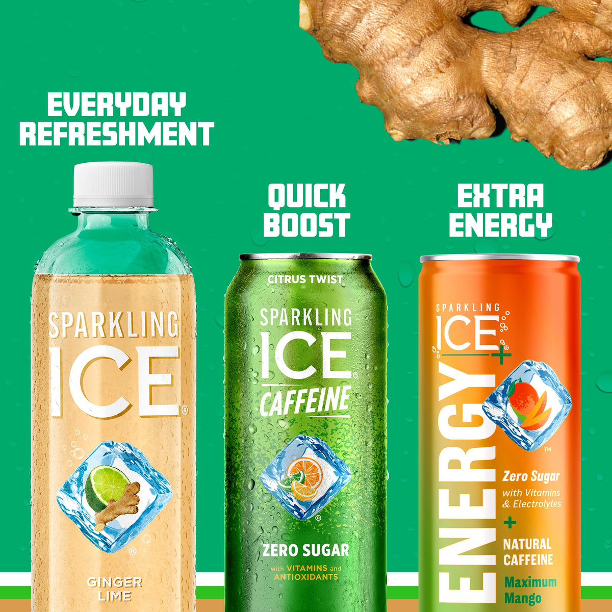 Sparkling Ice Ginger Lime bottle beside a gym bag, ready for on-the-go hydration.