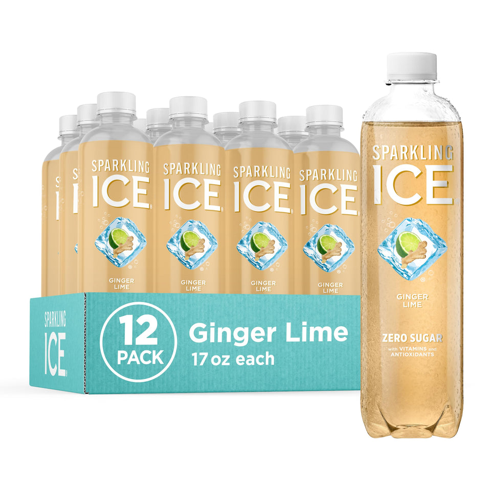 Sparkling Ice Ginger Lime bottle being poured; zero sugar and bold, zesty flavor.