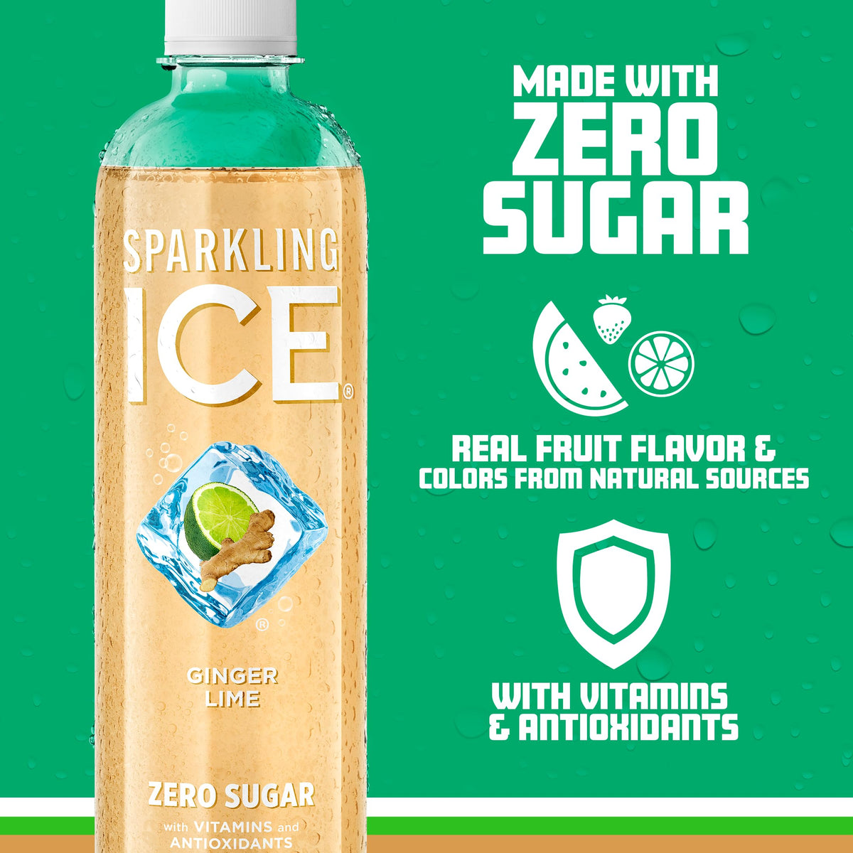 Sparkling Ice Ginger Lime vitamin icons on label, showcasing vitamins A and D.