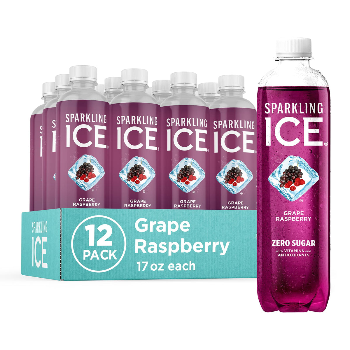 Sparkling Ice Grape Raspberry bottle front highlights zero sugar and bold fruit flavor.