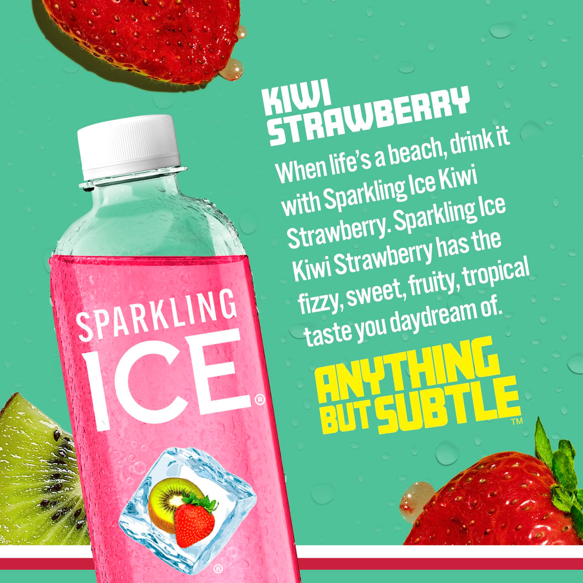 Sparkling Ice Kiwi Strawberry bottle pour highlighting bold flavor and low calories