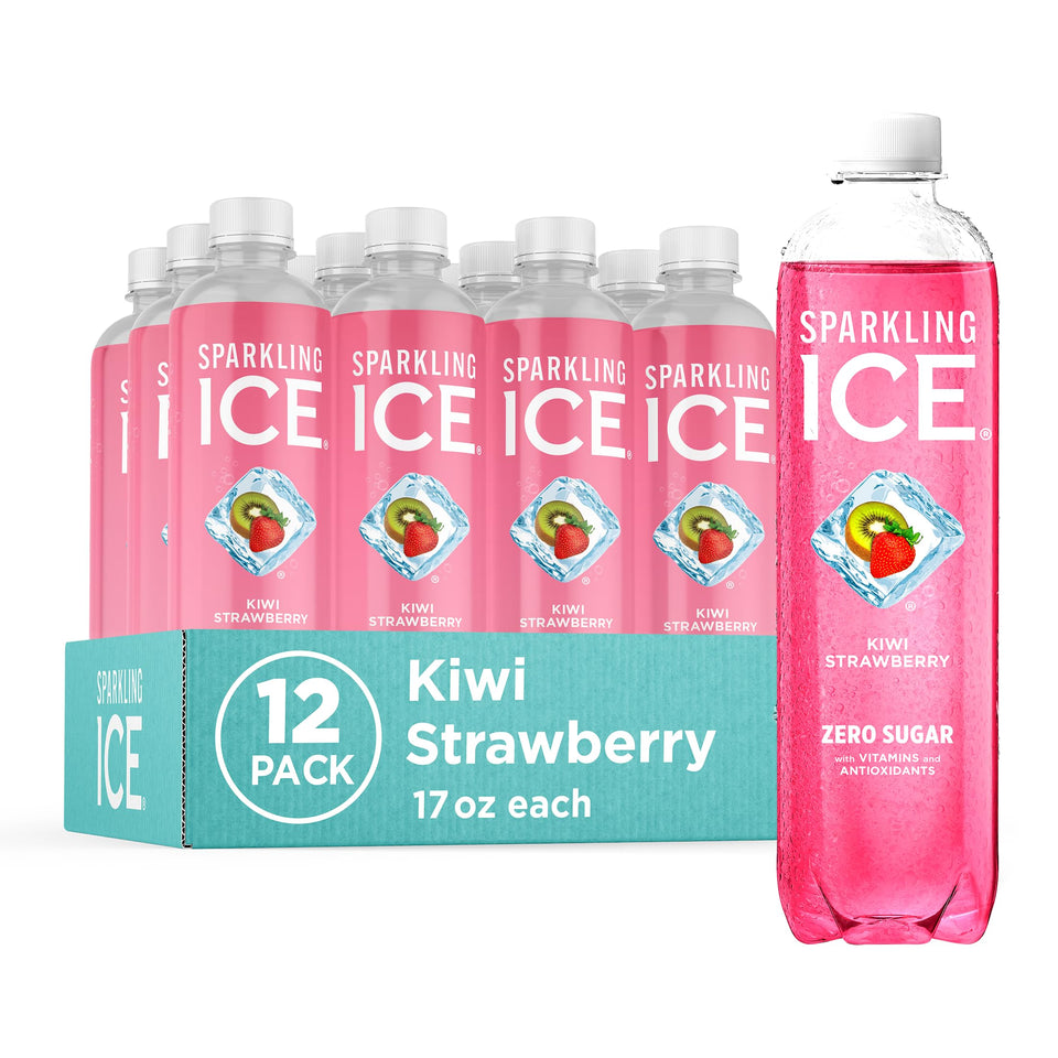 Sparkling Ice Kiwi Strawberry bottle showing zero sugar and vitamin enrichment