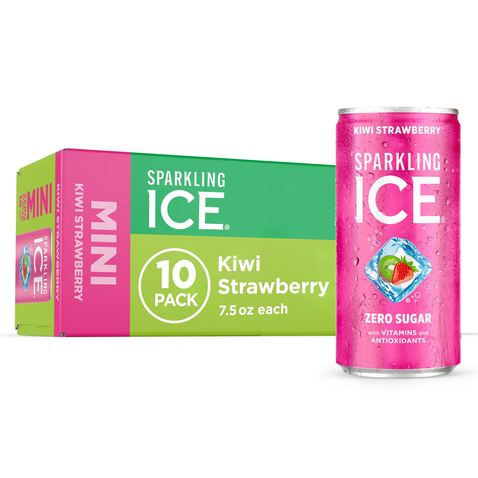 Sparkling Ice Kiwi Strawberry mini can front shows zero sugar and bright flavor.