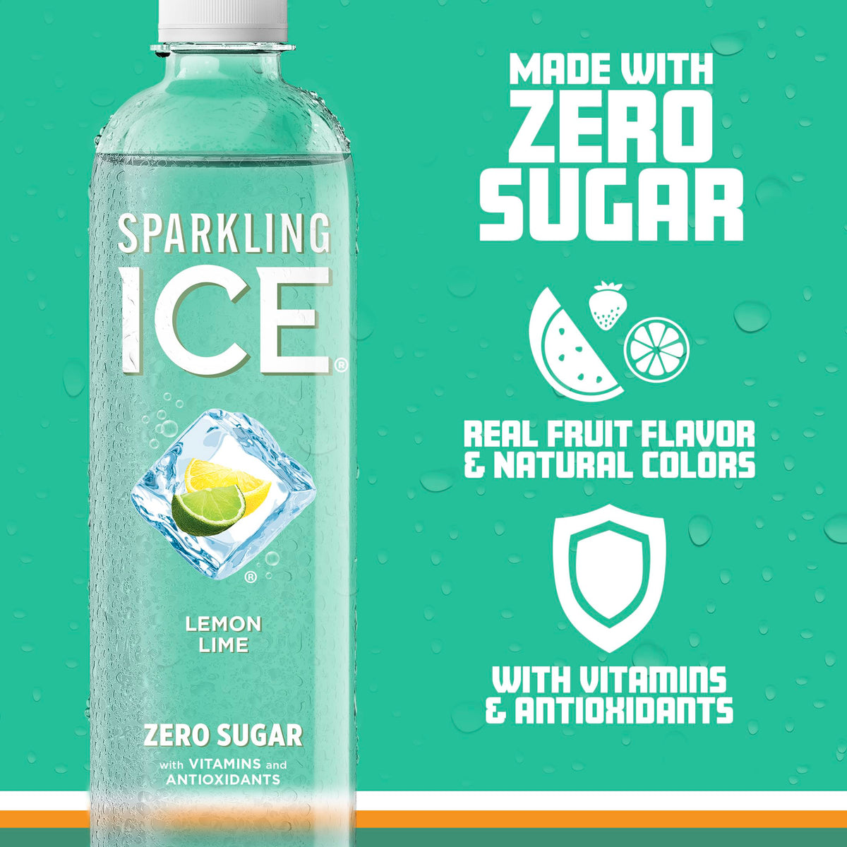 Sparkling Ice Lemon Lime nutrition label closeup emphasizes vitamins and zero sugar.