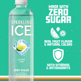Sparkling Ice Lemon Lime nutrition label closeup emphasizes vitamins and zero sugar.