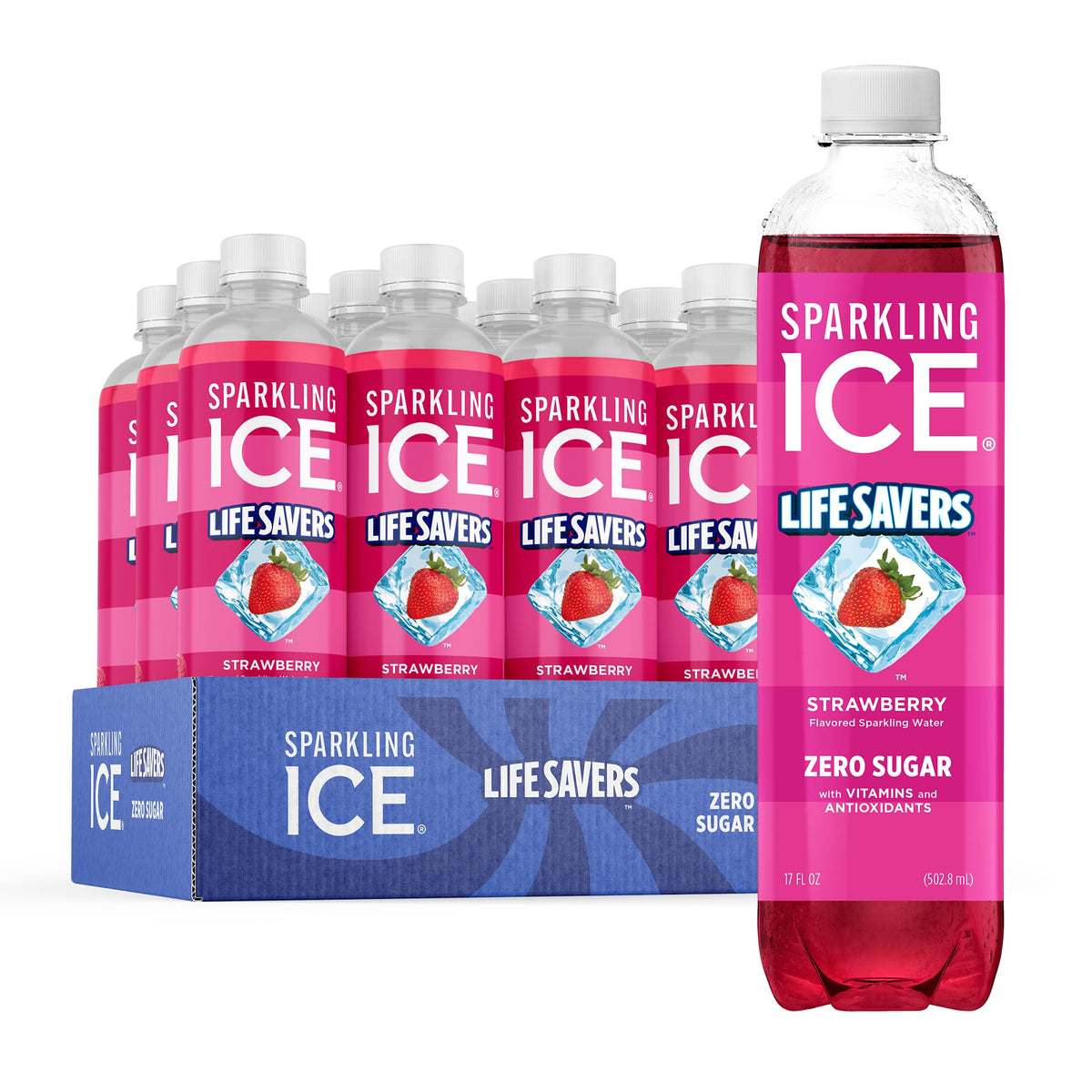 Sparkling Ice Lifesavers Strawberry bottle shows vibrant color and zero sugar benefit
