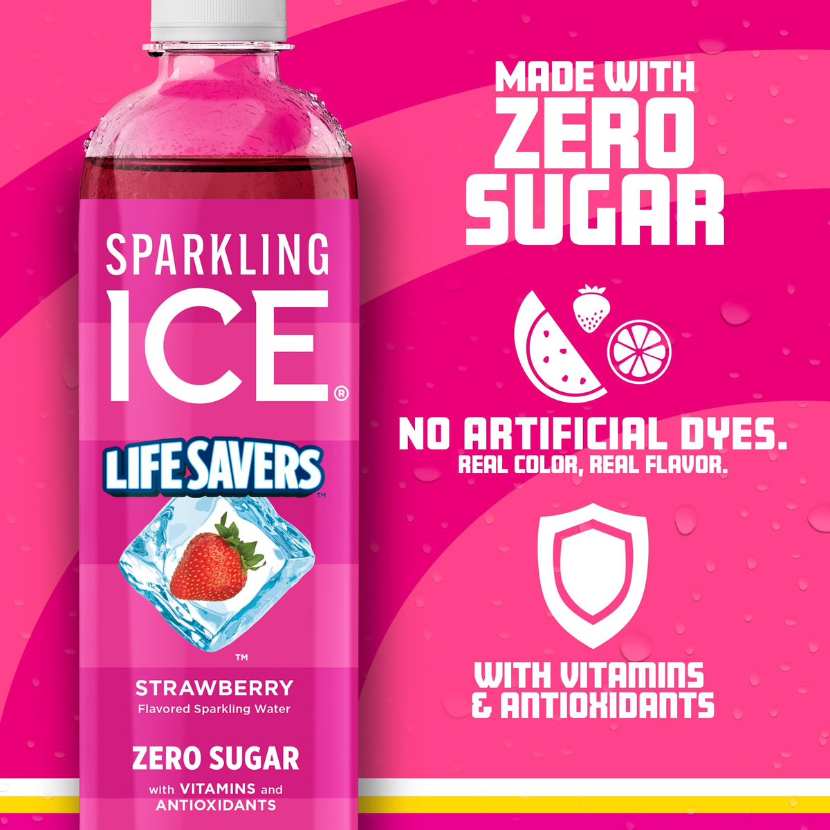 Glass with Lifesavers Strawberry fizz highlights refreshing flavor and aroma