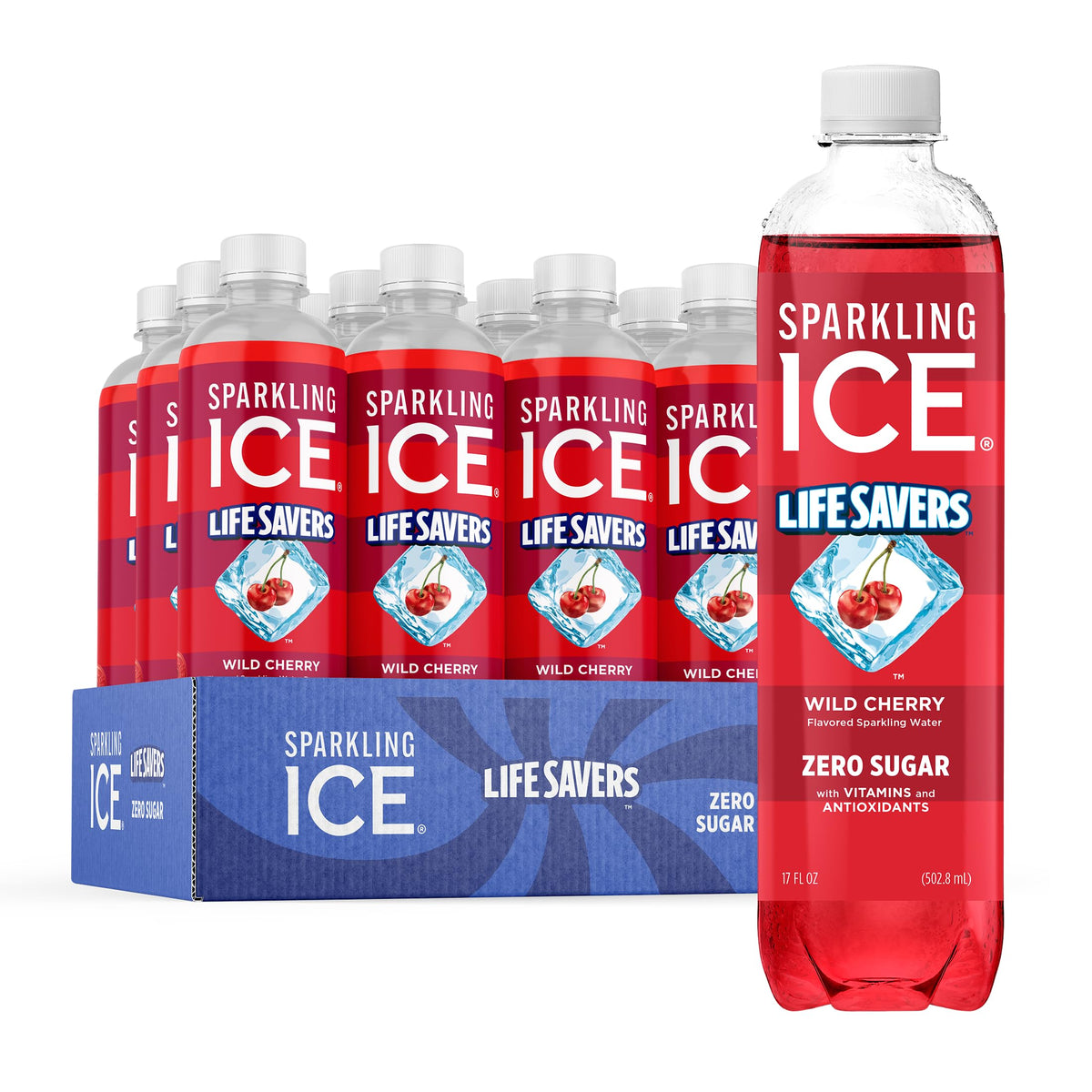 Sparkling Ice LIFESAVERS Wild Cherry bottle close-up with zero sugar and real fruit flavor.