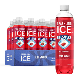 Sparkling Ice LIFESAVERS Wild Cherry bottle close-up with zero sugar and real fruit flavor.
