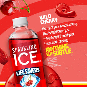 Glass pour of Sparkling Ice LIFESAVERS Wild Cherry, highlighting low calories and vitamin boost.