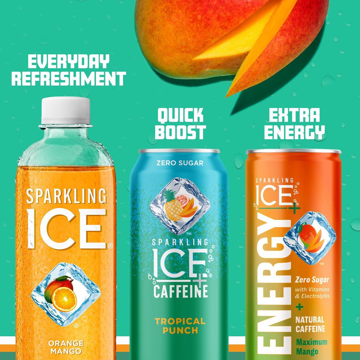 Sparkling Ice Orange Mango bottle label highlights vitamins B6, B12, and E.