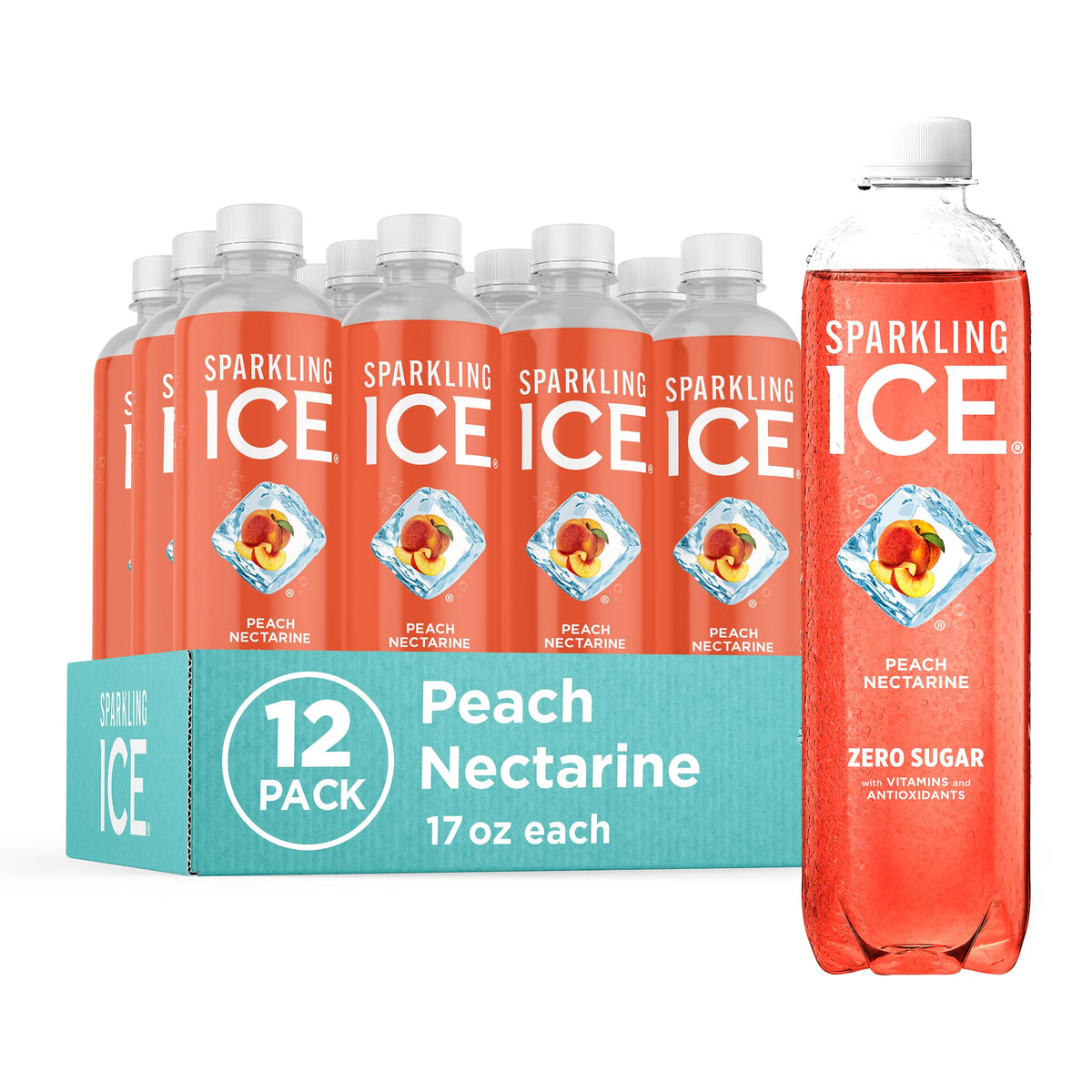 Sparkling Ice Peach Nectarine bottle front, showcasing vibrant flavor and zero sugar