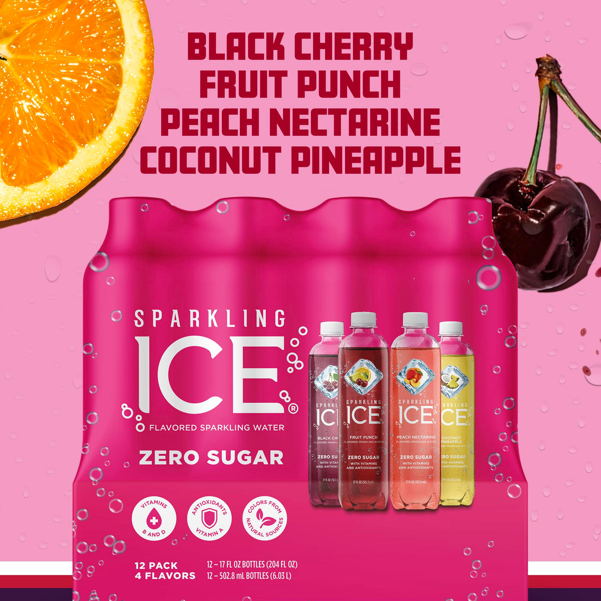 Sparkling Ice Black Cherry bottle with vitamins B6 and B12 for daily balance.